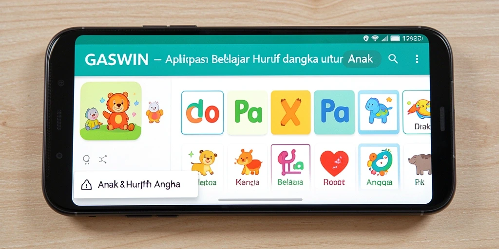 Antarmuka aplikasi GASWIN yang ceria dan interaktif untuk belajar huruf dan angka.