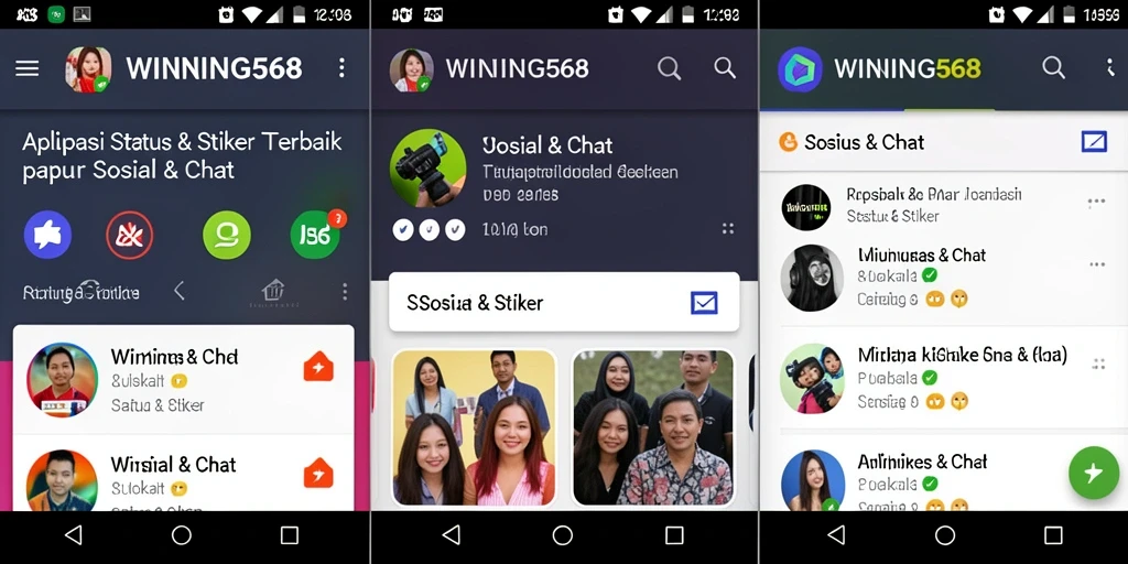 Antarmuka aplikasi WINNING568 dengan berbagai stiker menarik.